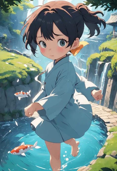 movie picture quality，Hayao Miyazaki animation，Miyazaki animation style，Hayao Miyazaki animated film，3D movies，China-style，A little girl with short pigtails jumped over the South Heavenly Gate on a huge koi，depth of fields，high light，Real light，Ray trachin...