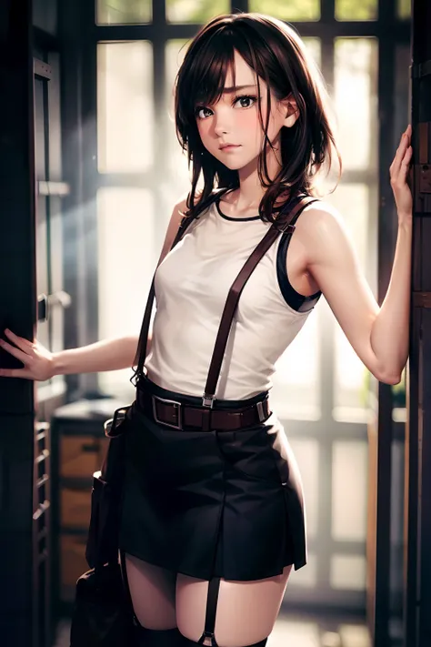 skirt by the, Tank Tops　suspenders, Brown hair short, Gray eyes, holster, Garter belt on the legs, moderate chest and tight clothes, 　　 a belt　Armpit sweat　　deadpan