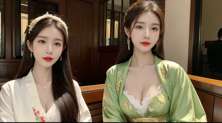 (A half body，Close-up，closeup cleavage：1.2)，Arakfi Asian woman sitting in chair，Wearing a green and gold dress, (outside,hot onsen，florals，grassy，nevando） ， A girl in Hanfu, Hanfu, Cheongsam, with acient chinese clothes, Traditional beauty, Traditional Chi...