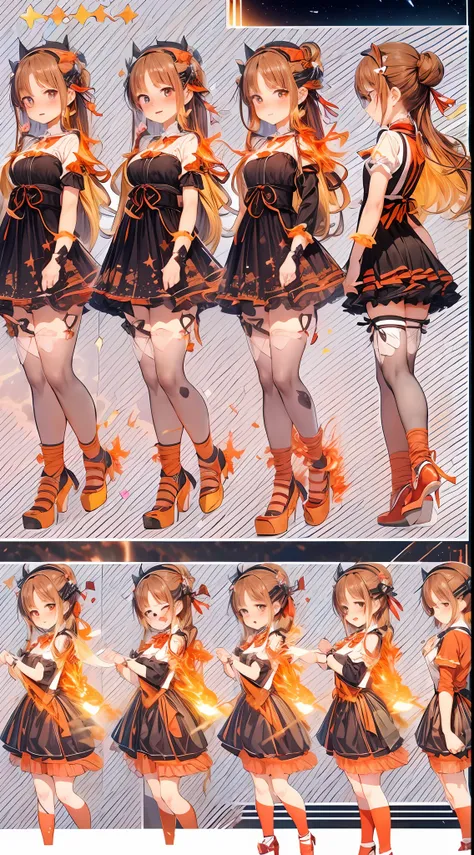 (fullbody, legs and shoes visible: 1.2)) expressive eyes, woman, pale skin, long hair, windblown hair, ((long hair)), long sidelocks, hime bangs, hair fringe, hair bun, ((long twintails)), flaming hair, red hair, blushing, full face blushing, big sparkling...