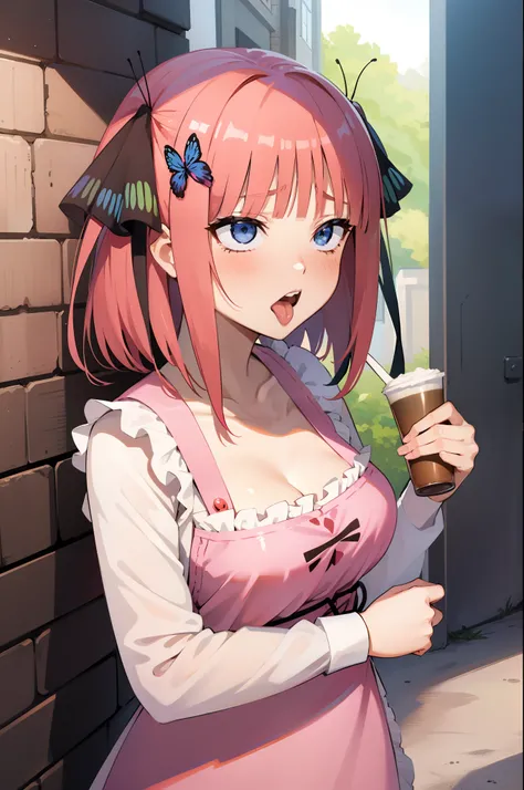 ahg
rolling eyes
tongue,1girls, 独奏, Nakano Nino, Pink hair, butterfly hair ornament, (nuda:1.3), (White apron),, cleavage of the breast, thights, Cafe background, (blushful:1.3)，scream out