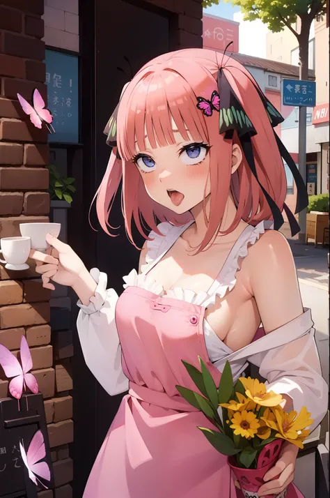 ahg
rolling eyes
tongue,1girls, 独奏, Nakano Nino, Pink hair, butterfly hair ornament, (nuda:1.3), (White apron),, cleavage of the breast, thights, Cafe background, (blushful:1.3)，scream out