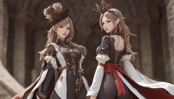 Anime characters standing side by side in costumes and hats, sakimichan and frank franzzeta, granblue fantasy, ffxiv heavensward, Detailed key anime art, high detailed official artwork, key art, Official artwork, 2. 5 D CGI anime fantasy artwork, final fan...