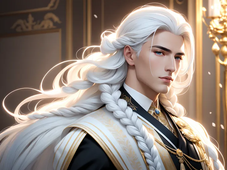 1guy, gorgeous dapper elysian male with perfect balance of masculine and feminine features, (stunning long pure white hair, 1bra...