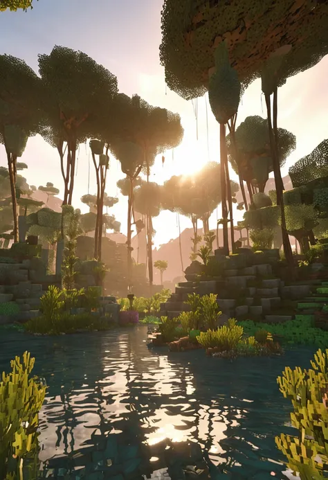 imagine an expansive and enchanting setting in the world of Minecraft. O sol poente pinta o horizonte com tons suaves de laranja e rosa, creating a celestial spectacle that reflects on the tranquil waters of a meandering river. Nas margens desse rio, altas...