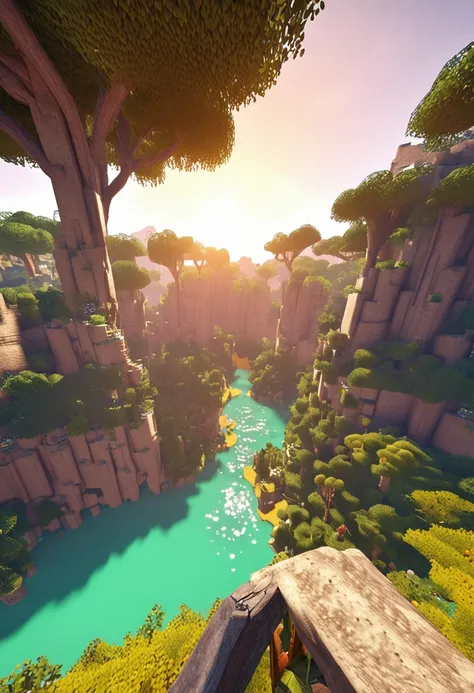 imagine an expansive and enchanting setting in the world of Minecraft. O sol poente pinta o horizonte com tons suaves de laranja e rosa, creating a celestial spectacle that reflects on the tranquil waters of a meandering river. Nas margens desse rio, altas...