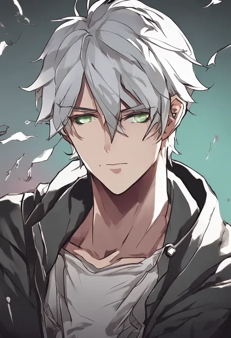 a close up of a person with a black shirt and a white hair, Tall anime guy with green eyes,  male anime character,  Handsome anime pose, Young anime man gray-haired, Male anime style，youth，elvish ears