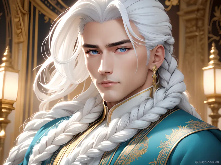 1guy, gorgeous dapper elysian male with perfect balance of masculine and feminine features, (stunning long pure white hair, 1bra...