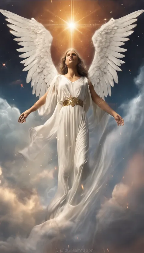 There is a painting of an angel with wings in the sky, Anjo majestoso de corpo inteiro, vestido com roupas brancas e vermelhas, biblical accurate angel, Arcanjo Miguel, anjo protegendo em guarda, angel spirit guide, angelic, Arcanjo Miguel, humano alado, e...