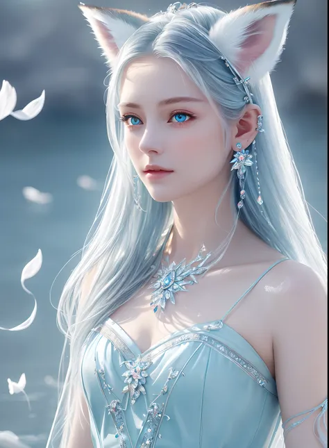 Masterpiece, Best quality,
offcial art, Very
Detailed CG 8K wallpaper,
(flying petal)
(detailed ice) , crystal
Textured skin, cold
expression, ((Fox ears)),
White hair, long
hair, Messy hair, eBlue eyes,
view the viewer,
Extremely delicate and
Beautiful, w...