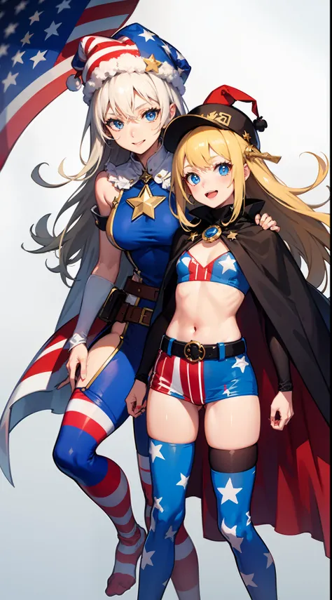 2girls,american_flag,american_flag_dress,american_flag_legwear,american_flag_print,belt,black_cape,blonde_hair,blue_eyes,cape,hat,jester_cap,long_hair,looking_at_viewer,mask,multiple_girls,neck_ruff,open_mouth,smile,star_(symbol),star_hair_ornament,star_pr...