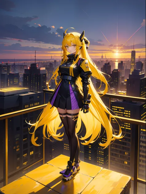 yellow long hair，teens girl，18yr old，armour，Cyber-keynote，Standing on top of tall buildings，You can see the city from above，Purple-black sky，Tech Style