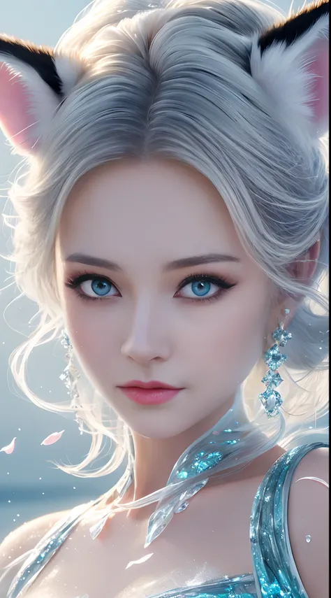 Masterpiece, Best quality,
offcial art, Very
Detailed CG 8K wallpaper,
(flying petal)
(detailed ice) , crystal
Textured skin, cold
expression, ((Fox ears)),
White hair, long
hair, Messy hair, eBlue eyes,
view the viewer,
Extremely delicate and
Beautiful, w...