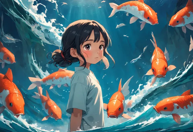 movie picture quality，Hayao Miyazaki animation，Miyazaki animation style，Hayao Miyazaki animated film，3D movies，China-style，Little girl with short braids standing in front of a huge koi，swell sea，depth of fields，high light，Real light，Ray traching，oc rendere...