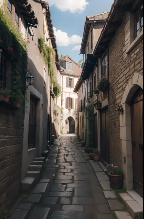 "Narrow cobbled streets of medieval villages, Realistic, Cinematic, Unreal Engine 5"