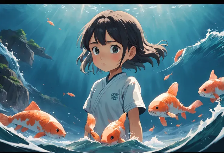 movie picture quality，Hayao Miyazaki animation，Miyazaki animation style，Hayao Miyazaki animated film，3D movies，China-style，Little girl with short braids standing in front of a huge koi，swell sea，depth of fields，high light，Real light，Ray traching，oc rendere...