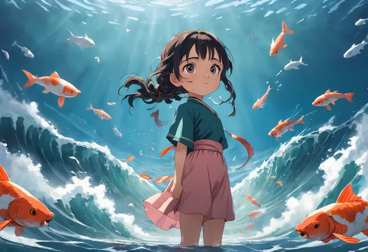 movie picture quality，Hayao Miyazaki animation，Miyazaki animation style，Hayao Miyazaki animated film，3D movies，China-style，Little girl with short braids standing in front of a huge koi，swell sea，depth of fields，high light，Real light，Ray traching，oc rendere...