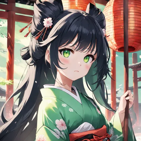 animemanga girl，A light-colored kimono in white，Green eyes，Black long hair anime girl，Patterned kimono，geisha，onmyoji, shikishi, koyoharu gotouge