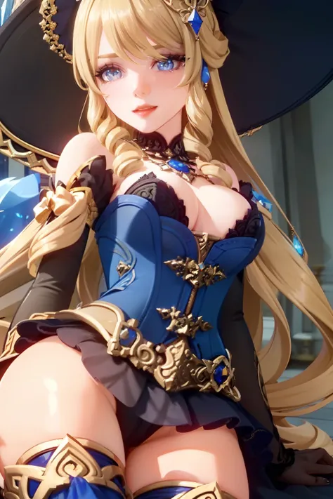 masterpiece,high quality,emotional impact,best shadow,cinemetic shot,perfect lighting,(bright),((close-up)),portrait,Navia (genshin impact), 1 (mature) female, glowing tears,looking at viewer,long hair, embroided hat, solo, bow, black bow, blonde hair, hat...