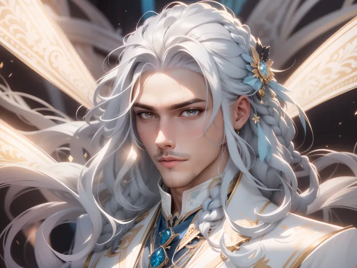 1guy, gorgeous dapper elysian male with perfect balance of masculine and feminine features, (stunning long pure white hair, 1bra...