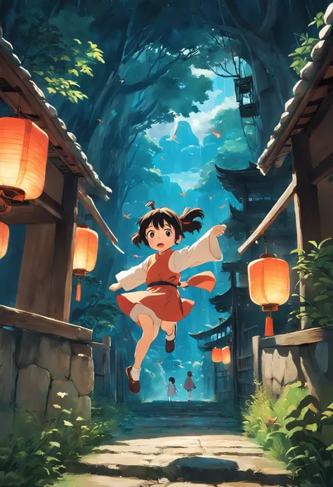 movie picture quality，Hayao Miyazaki animation，Miyazaki animation style，Hayao Miyazaki animated film，3D movies，China-style，A little girl with short pigtails jumped over the South Heavenly Gate on a huge koi，depth of fields，high light，Real light，Ray trachin...