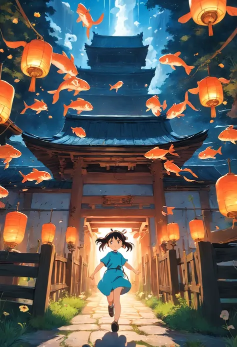 movie picture quality，Hayao Miyazaki animation，Miyazaki animation style，Hayao Miyazaki animated film，3D movies，China-style，A little girl with short pigtails jumped over the South Heavenly Gate on a huge koi，depth of fields，high light，Real light，Ray trachin...