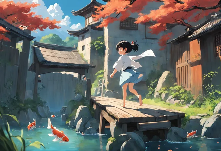 movie picture quality，Hayao Miyazaki animation，Miyazaki animation style，Hayao Miyazaki animated film，3D movies，China-style，A little girl with short pigtails jumped over the South Heavenly Gate on a huge koi，depth of fields，high light，Real light，Ray trachin...