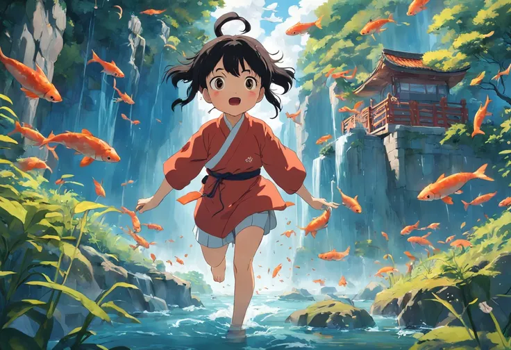 movie picture quality，Hayao Miyazaki animation，Miyazaki animation style，Hayao Miyazaki animated film，3D movies，China-style，A little girl with short pigtails jumped over the South Heavenly Gate on a huge koi，depth of fields，high light，Real light，Ray trachin...