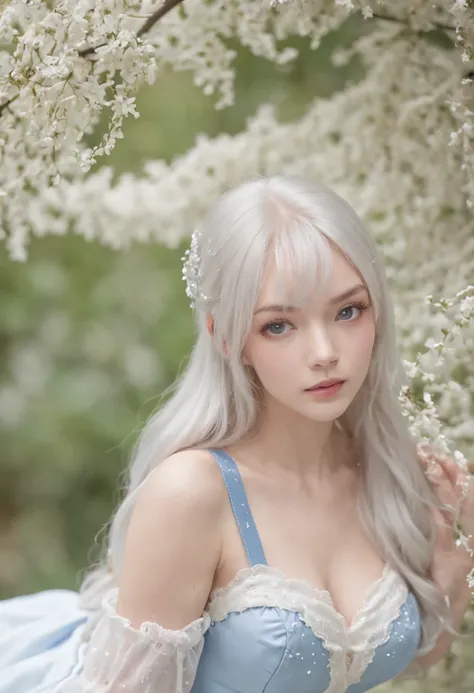 18yr old、bright expression、White shiny skin、Beautiful bright platinum blonde hair super long straight hair、Large crystal clear light blue eyes、Beautiful messy bangs、White apron、a blue dress、Large full breasts