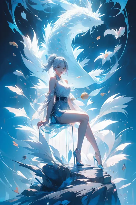 (((Sit on a carp)))，carp，Koi，A woman of outstanding figure，Wear a nice miniskirt，Leaking out of both shoulders，Transparent body，fresh flowers，jewely，Amazing work，Vitreous luster,clean backdrop，High gloss，blue colors，In pink，cyan colors