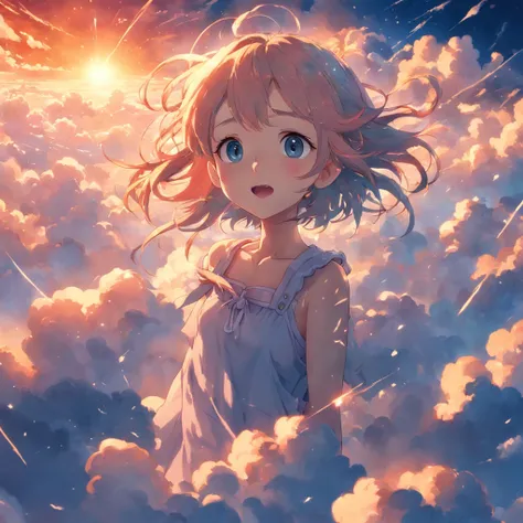 masterpiece, best quality, movie still, 1girl, cloud girl, floating in the sky, close-up, bright, happy, warm soft lighting, sunset, (sparks:0.7)