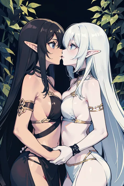 Two female elves，One black and one white，Hold each other，The two bodies are close together，Kiss，at a forest