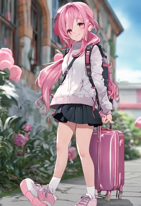 A lovely anime girl , has pink hair , Dress in school clothes, Wear a pink backpack on your back, Wear white shoes