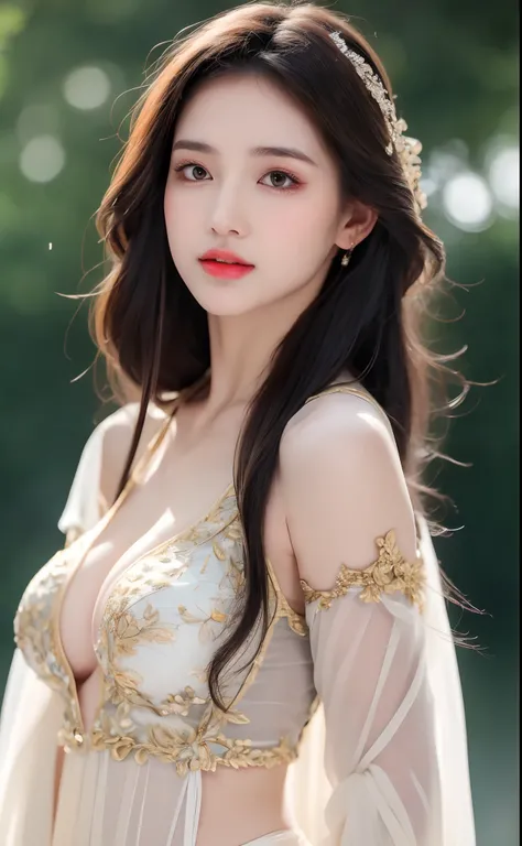 ((Best Quality, 8k, Masterpiece: 1.3)), Focus: 1.2, Perfect Body Beauty: 1.4, Buttocks: 1.2, ((Layered Haircut)), (Wet Clothes: 1.1), (Rain, Street:1.3), (Breasts: 1.2), (Hanfu: 1.2), Bare Shoulders, Bare Legs, Highly Detailed Face and Skin Texture, Fine E...