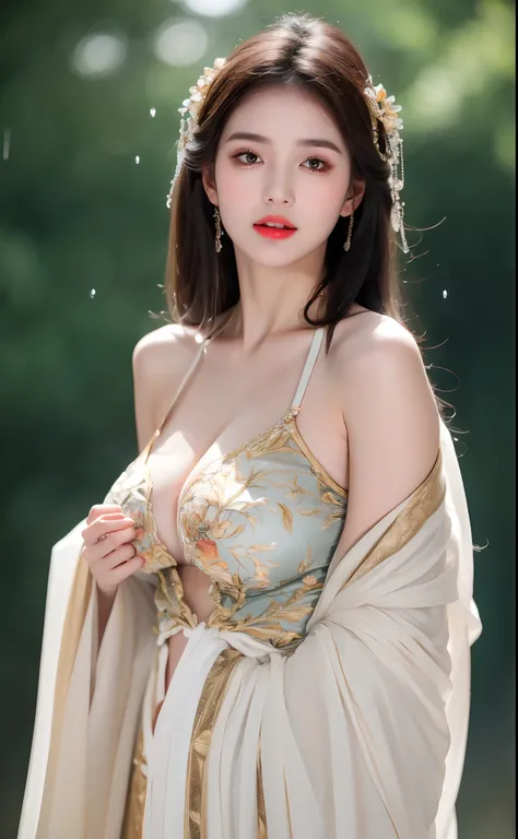 ((Best Quality, 8k, Masterpiece: 1.3)), Focus: 1.2, Perfect Body Beauty: 1.4, Buttocks: 1.2, ((Layered Haircut)), (Wet Clothes: 1.1), (Rain, Street:1.3), (Breasts: 1.2), (Hanfu: 1.2), Bare Shoulders, Bare Legs, Highly Detailed Face and Skin Texture, Fine E...