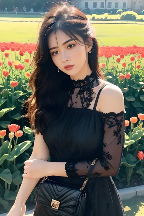 (8k, best quality, masterpiece:1.2),(realistic, photo-realistic:1.37),ultra-detailed,beautiful devil,upper body,face the front,looking at viewer,wearing black lace dress, blace versace bag on her shoulder. in tulip field.