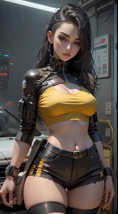 illusory engine:1.4,Ultra-realistic CG 64K,Photorealistic:1.4,Skin texture:1.4,Masterpiece:1.4,Beautiful woman in doll underwear、Cyberpunk-style yellow shorts,Red tights,Blue miniskirt,Erotic lace，Bigboobs， Juicy big lips， thick juicy thighs