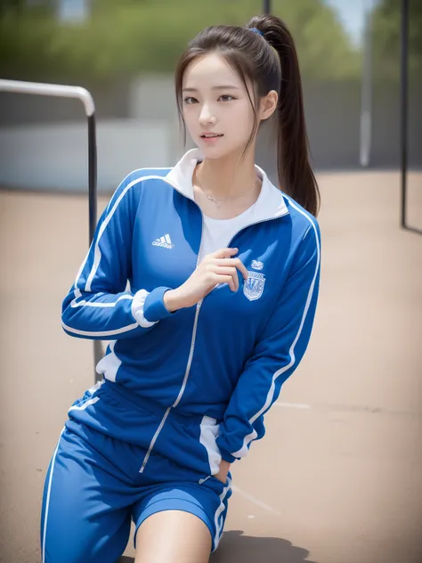 1 very beautiful female high school student，Wear blue and white tracksuits，Play volleyball on the school playground，Super high value，perfect body figure，Beautiful short ponytail，Delicate hair，Fair face and skin，There are beads of sweat hanging down，Have fu...