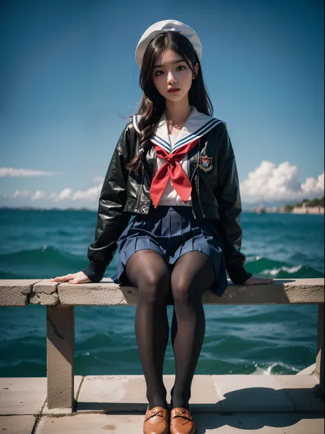 (full body:1.5)，(1girl:1.3),(view the viewer:1.4)，(anatomy correct:1.3),(Sitting on the sea:1.2),(A red and blue Sailor suit and pleated skirt with ribbons:1.2),(Tan Pantyhose:1.3),( JK uniform small leather shoes with bows for female students:1.1)，(Accura...