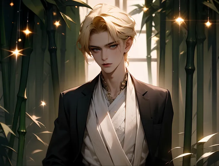 absurdres, gorgeous dapper man standing with a cane in hand in a greenhouse, blonde hair, fair skin, seductive ice white eyes, 1...