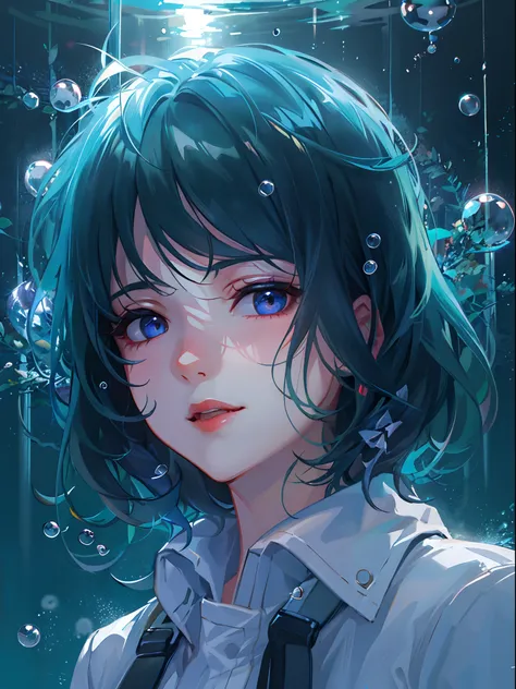 ((top-quality)), ((​masterpiece)), ((ultra-detailliert)), (extremely delicate and beautiful), girl with, 独奏, cold attitude,((Black jacket)),She is very(relax)with  the(Settled down)Looks,A dark-haired, depth of fields,evil smile,Bubble, under the water, Ai...