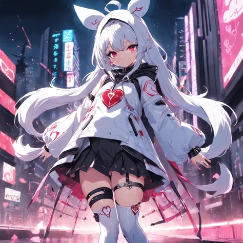 Masterpiece、top-quality、Anime Magical Girl、cyberpunked、Cute heart-shaped magic cane、cloak with hood、headset on head、Cyberpunk even though its an idols clothes、Long boots in white、Pouch on the waist、