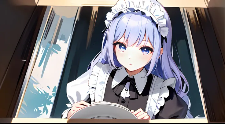 Anime characters sitting on the floor holding a plate of food, anime girl in a maid costume, gorgeous maid, anime cat girl in a maid costume, Maid outfit, anime maids riding early tanks, wearing maid uniform, a sexy maid in a magical forest, Maid dress, lo...