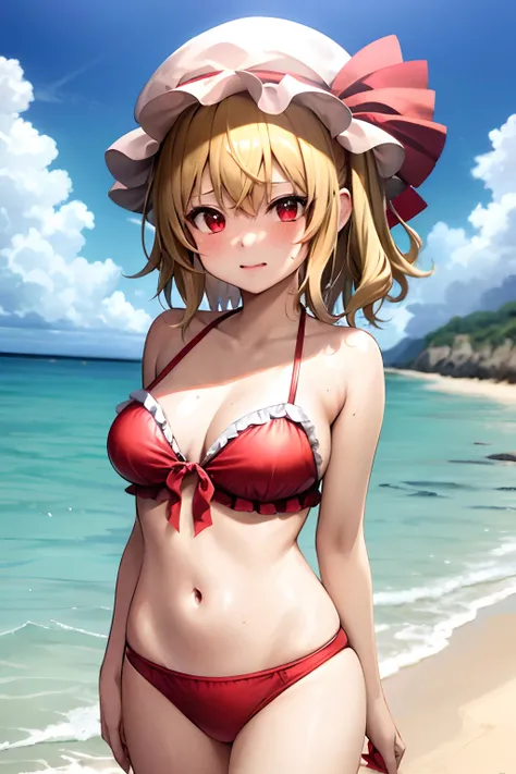 masutepiece, Best Quality, 1girl in,Flandre Scarlet,Blonde side ponytail、Sea and sandy beach background、Im wearing a white mob hat、has colorful feathers、Bikini with red ruffles、ＨCup Breast、red blush