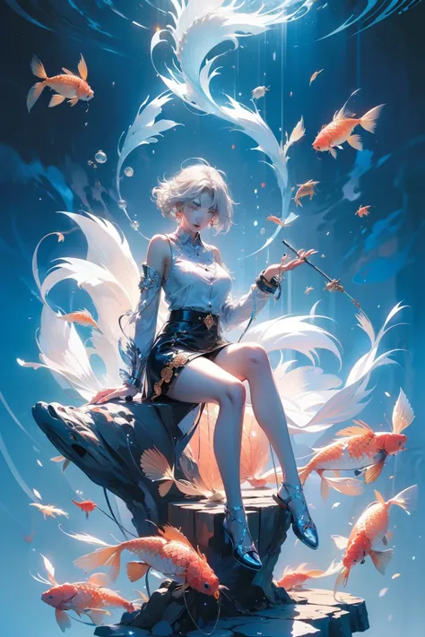 ((((Sit on a carp))))，carp，(Koi)，A woman of outstanding figure，Wear a nice miniskirt，Leaking out of both shoulders，jewely，Amazing work，Vitreous luster,clean backdrop，High gloss，blue colors，In pink，cyan colors