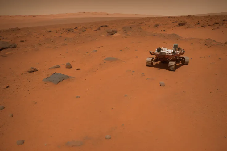 Allahed view of a rover on a barren surface with rocks, Mars rover in the background, On the orange surface of Mars, On the surface of Mars, Mars vacation photos, Overlooking the Martian landscape, Stand on the Martian landscape, Sitting on a Martian rock,...