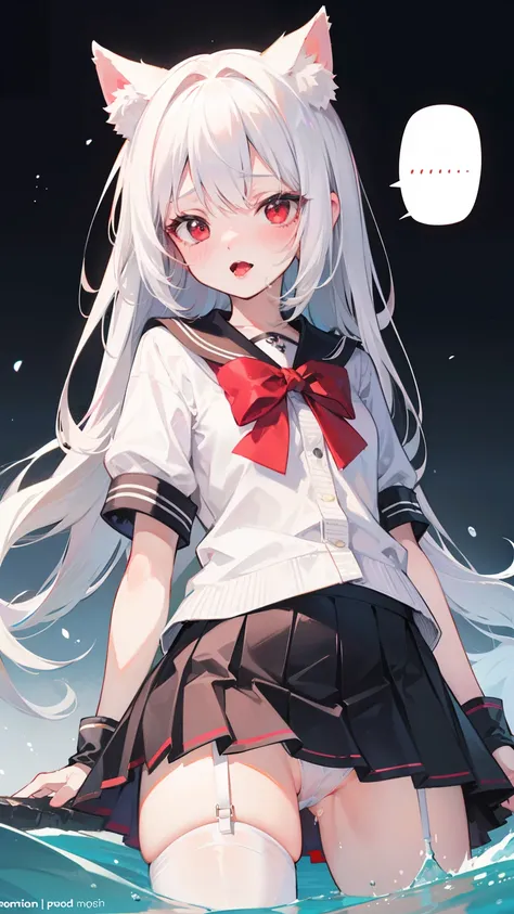 Long head with white hair, cute, red eyes, low cat ears, blushing, vaginal water, making sounds, panting, loli, white stockings, skirt pulled up, leaking out of the lower body