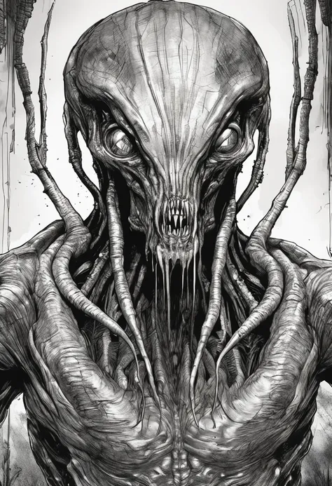 Describe a terrifying and realistic image of the alien from the film "Alien". In a dark and claustrophobic environment, a criatura se ergue em toda a sua monstruosidade.

The alien is a grotesque and frightening figure, with an elongated head and a double ...