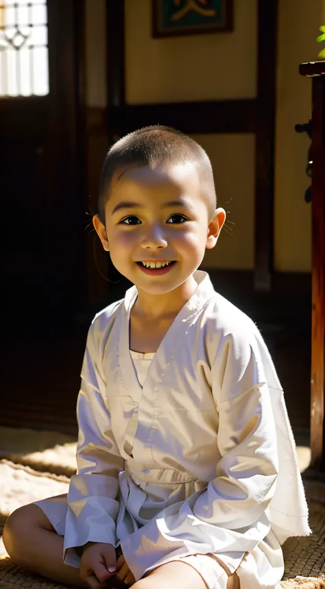 (subject) Little monk, (Action) Meditating, Smiling, (context) A corner of the temple, (environment) indoor, Temple, (lighting) soft, warm, rays of sunshine, (artist) Rembrandt, (Style) Realism, (mediating) Oil painting, (type) Portrait, (Color scheme) lon...