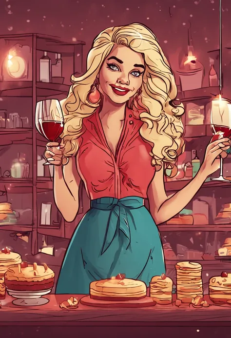 blond girl，Knocking down the cake rack and falling，Wearing a red fluffy dress，The skirt is super fluffy，Hold a wine glass in your hand，The drink flew out of the glass。cartoonish style，super detailing，Curly hair that emits soft light，